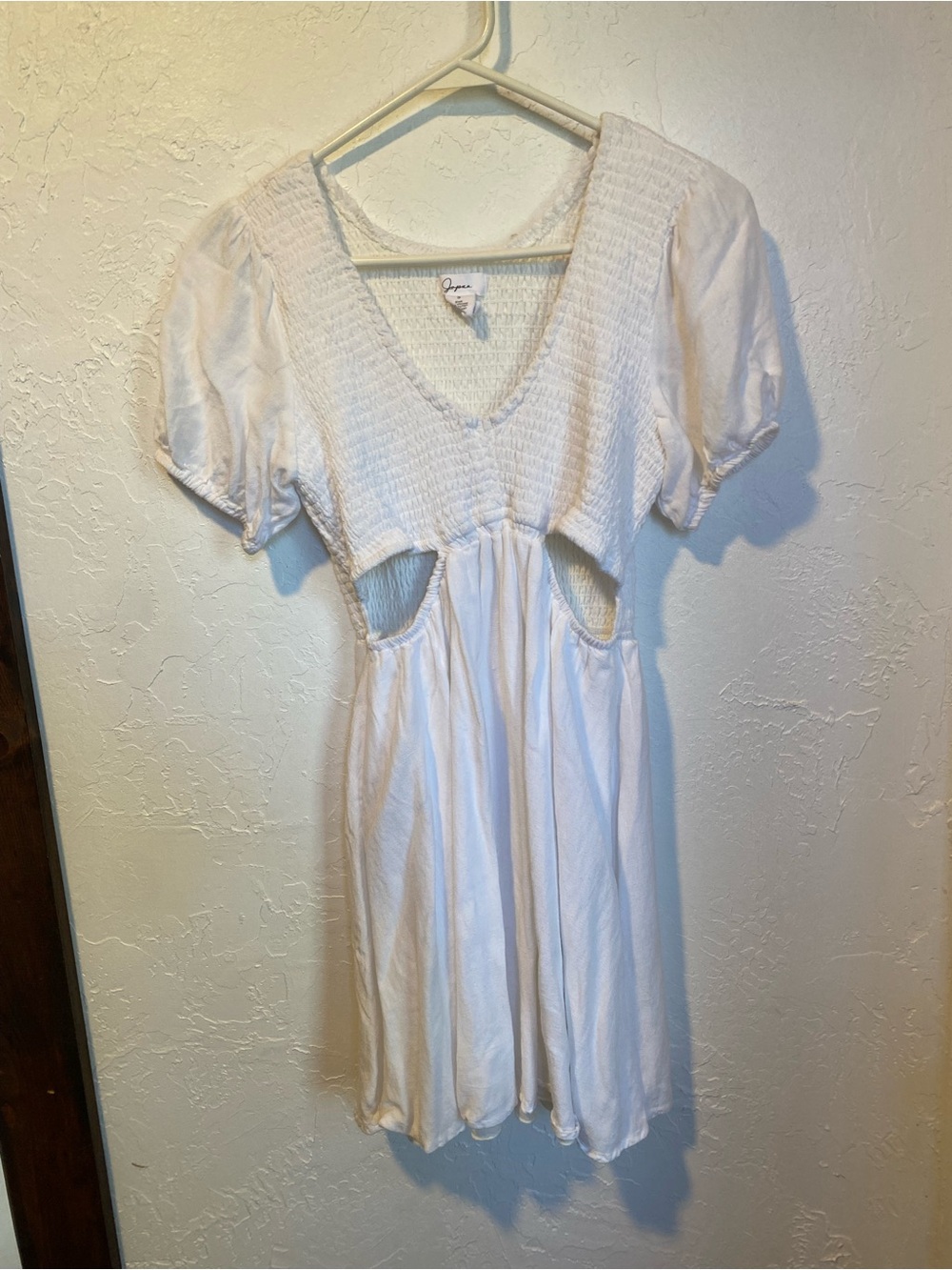 Japna White Smocked V-Neck Dress with Side Cutouts